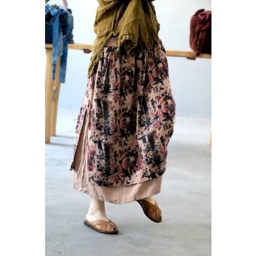 Women Spring Summer Printed Elastic Waist Cotton Linen Skirts Ladies Vintage Print Skirt Female Retro National Style Skirts