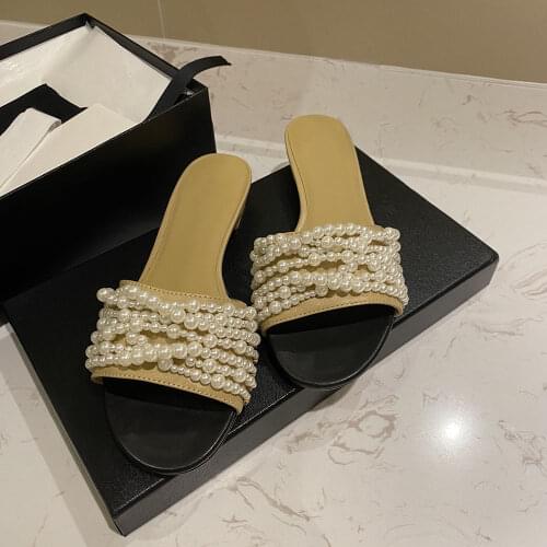 Womens Shoes Genuine Leather Ladies Slippers Fashion Pearls Slippers Hot Sell Open Toe Slippers Summer Outside Slippers Size 40