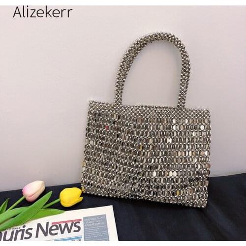 Hollow Out Silver Beaded Handbags For Women 2021 New Designer Luxury Chic Handmade Beads Square Purses And Handbags High Quality