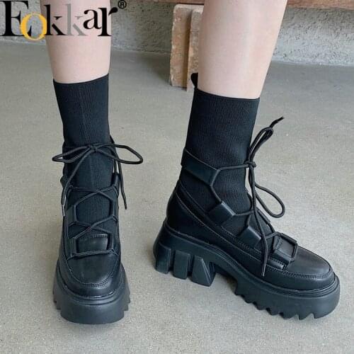 Eokkar Ankle Boots Women 2021 New Spring/Autumn Sock Boots Round Toe Thick Heels Platform Boots Ladies Black Stretch Shoes