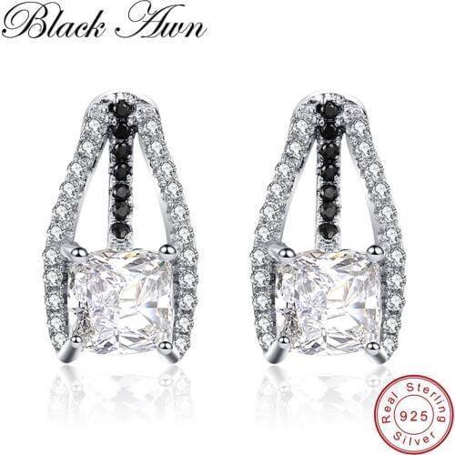 [BLACK AWN] 4.2g 925 Sterling Silver Fine Jewelry Trendy Black Spinel Stud Earrings for Women Female Wedding Earrings T045