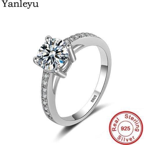 Yanleyu Classic 4 Claws Round CZ Diamant Wedding Rings for Women Pure 925 Sterling Silver Engagement Ring Fine Jewelry PR231