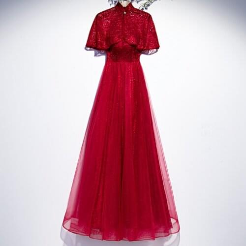 Bespoke Occasion Dresses Illusion High Full Sequined Embroidery Luxury Red Tulle A-Line Elegant Women Formal Evening Gown HB096