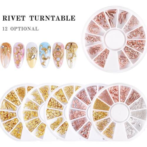 12 Style Nail Art Wheel Rose Gold/Silver/Gold 3D Nail Studs Rivet Metal Star Mixed Patterns Flat-back DIY Metal Nail Decoration