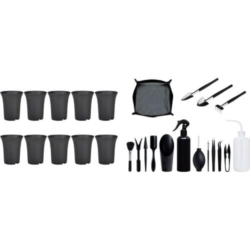 16 Pcs Succulent Plants Tools Mini Garden Hand Tools Set with 10PcsBlack Round Flower Pots High Waist Deep Pots
