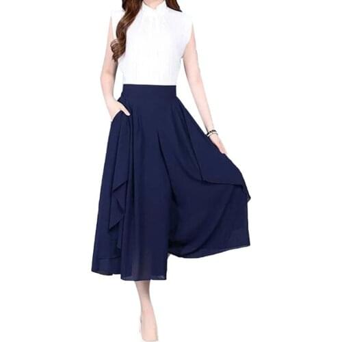 2021 Summer New Fashion Plus Size Women Pants Casual Solid Color High Waist Elastic Waistband Wide Leg Loose Cropped Skirt Pants