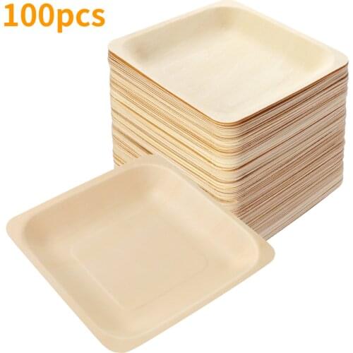 140x140mm 100pcs Square Disposable Wooden Plate Party Plates Tableware for Wedding Restaurant Picnic Birthday