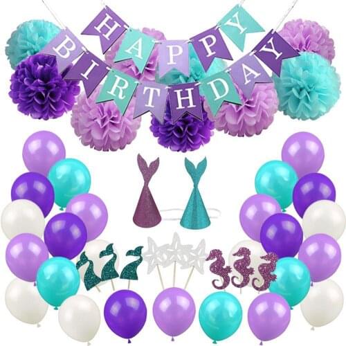 76Pcs/Set Happy Birthday Coated Paper Mermaid Topper Banner Balloon Girls Birthday Party Decoration New
