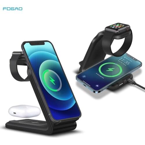 Wireless Charger Stand 3 in 1 Qi 15W Fast Charging Dock Station for Apple Watch iWatch 6 5 4 AirPods Pro iPhone 12 11 XS XR X 8