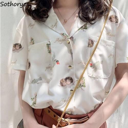 Women Blouses Printed Shirts Notched Loose Large Size 2XL Thin Elegant Single Breasted Retro BF Korean Style Leisure Trendy Chic