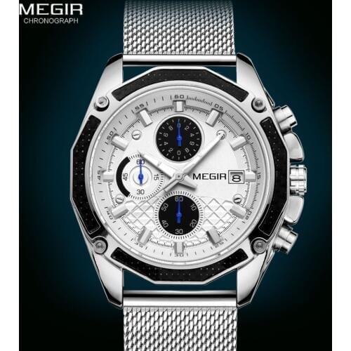 MEGIR Fashion Casual Watches Men 2020 Mesh Strap Chronograph Quartz Watch Mens Waterproof Luxury Military Sport Wrist Watches