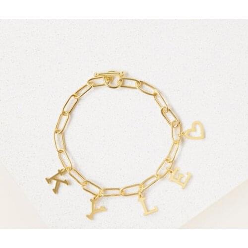 HUHUI Custom Initial Letter Bracelets Stainless Steel Rectangular Chain Bangle For Women Girl Personalized Jewelry Birthday Gift