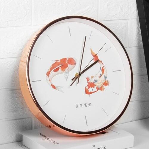 Koi wall clock living room Feng Shui mute quartz clock Chinese style wall clock bedroom clock round Chinese clock