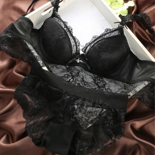 2-Piece Lace Sexy Lace Sheer Split Bra Underwear Set Adjustable Bow Decoration Underwear Set