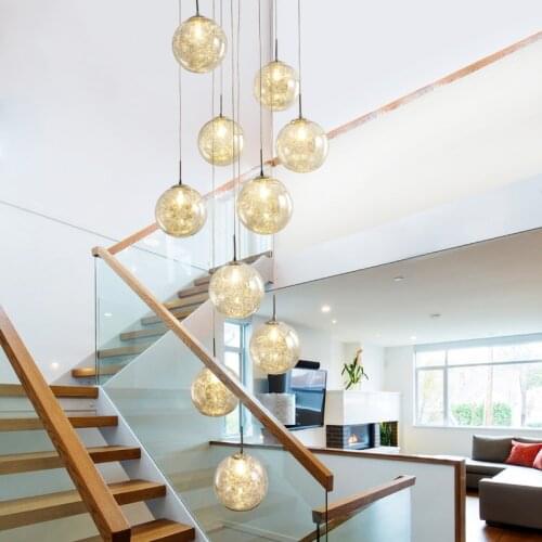 Linear stairwell long decoration lamparas colgant round ball blown chandelier clear glass modern pendant lights for high ceiling