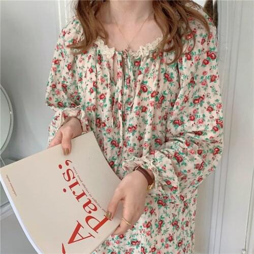 Cute floral print cotton linen nightgowns ruffles long sleeve loose sleepdress home clothes casual girl vintage nightdress Y349