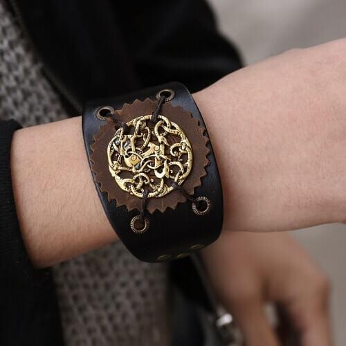 Fashion Vintage Genuine Leather Adjustable Man Bracelet Wide Gold Alloy Pattern Punk Retro Women Bracelets Bangles Jewelry Gift