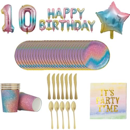 Shining Starry Sky Theme Disposable Tableware Set Birthday Party Rainbow Color Paper Plates Cup Napkin Spoon Fork Party Supplies