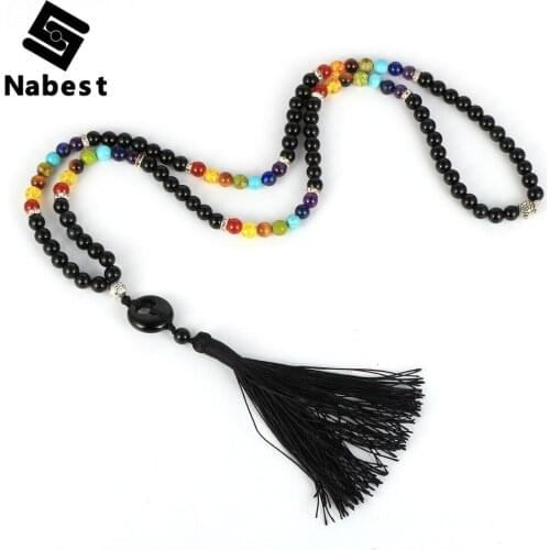 Natural Stone 6mm 108 Male Beads Necklace Obsidian Tiger Eye Turquoises Pingan Peace Buckle Pendant Tassel 7 Chakras Jewelry