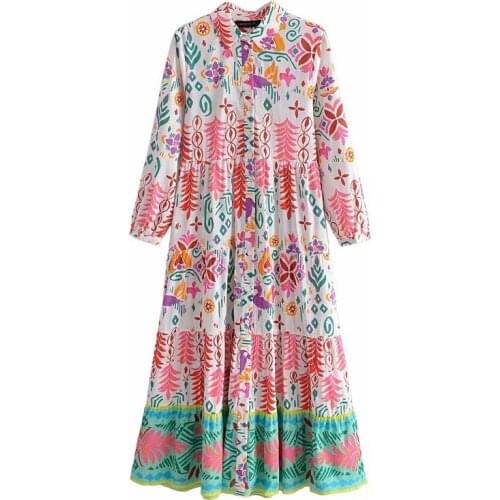 New Women Vintage Printed Shirt Dress Vogue Long Sleeves Single-breasted Chic Lady Midi Dresses Woman Robe