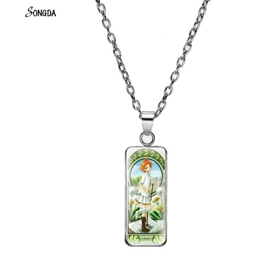 Anime The Promised Neverland Neck Necklace Handmade Rectangular Pendant Necklace Glass Cabochon Stainless Steel Jewelry Gifts