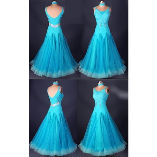 Customize sleeveless blue adult Viennese Ballroom Fox trot Quick step tango Modern galop Waltz diamond competition Dance Dress