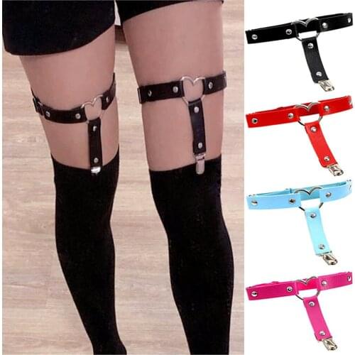 Women Gothic Punk Heart Ring Leg Garter Belt with Anti-Slip Metal Clip Elastic Adjsutable Harness Bondage Harajuku Thigh Ring