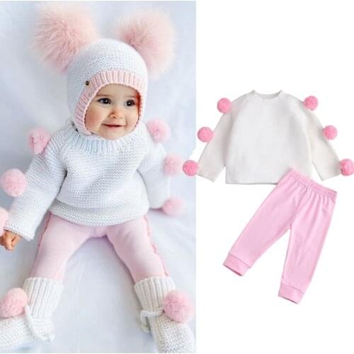 FOCUSNORM Autumn Winter Infant Baby Girls Clothes Sets Balls Solid Long Sleeve Pullover Sweater Tops Pants 1-6Y
