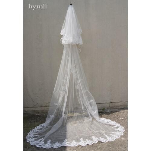 Real photo 2 layer chapel length wedding veil white , ivory lace bridal veil with comb