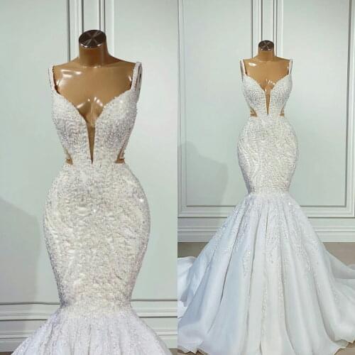 Luxury Beading Mermaid Wedding Dress Deep V Neck Sleeveless Lace Appliques Bridal Gowns robes de mariée Beach Bride Dresses