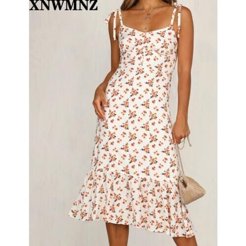 XNWMNZ ZA High Quality Women Sling Long Dress Pleated Mermaid Beach Summer Long Dress Female Floral Maxi Dresses Vestido