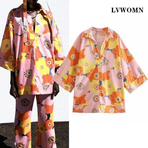 LVWOMN Za Women Blouses Fashion 2021 Summer Loose V Neck Print Long Sleeve Shirt Women Clothing Kimono Holiday Style Tops Woman