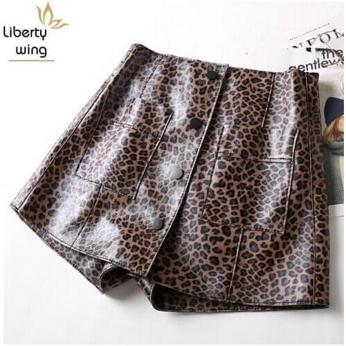 Spring Women Sheepskin Genuine Leather Black Brown Leopard Print High Waist Pocket Short Feminino Sexy Hot Shorts