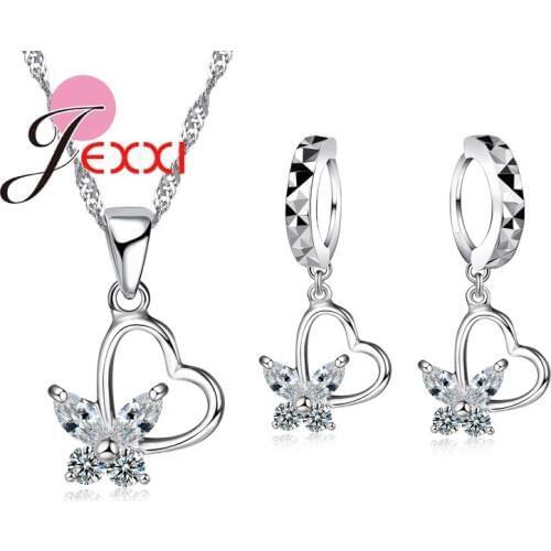 Gift Top Quality Women Accessories Bridal 925 Sterling Silver Crystal Heart Butterfly Necklace Earrings Jewelry Set