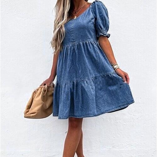 2021 Ruffles Denim Dress Womens Elegant Vintage Buttons Hubble-bubble Sleeve Casual Loose Sexy Cowboy Mini Dresses Платье Летнее