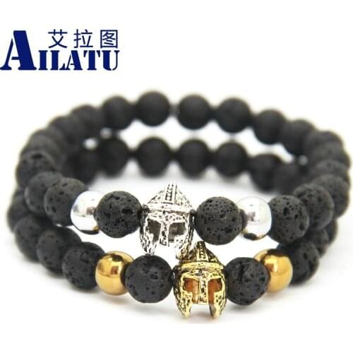Ailatu 10pcs Beaded 8MM Lava Stone Beads Roman Spartan Warrior Helmet Bracelets for Men