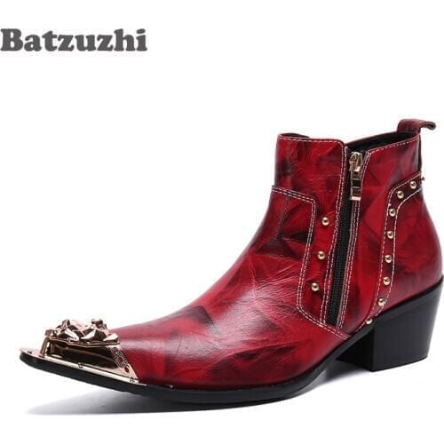 Batzuzhi Pointed Metal Toe Red Party and Wedding Boot Men Retro British Style Men Shoes Genuine Leather Ankle Boots Men, US6-12