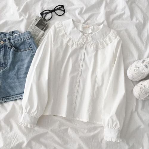 Japanese Blouses Women Solid Single Breasted Peter Pan Collar Sweet Girl Harajuku Japaneses White Shirts Casual New