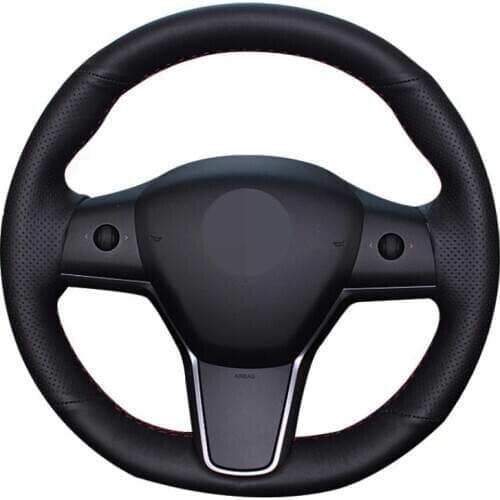 Car Steering Wheel Cover DIY Hand-stitched Soft Black Genuine Leather For Tesla Model 3 2015-2020 Model Y 2019 2020