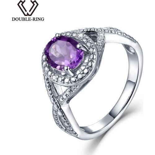 DOUBLE-R Natural Diamond Oval Real 1.2ct Amethyst Gemstone 925 Sterling Silver Ring Embroidery