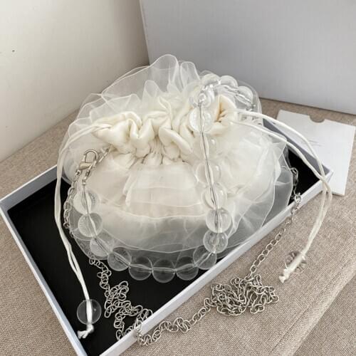 Elegant Silk Satin Mesh Splicing Shoulder Bags Women Acrylic Beads Chain Crossbody Handbags Lady Girl Totes Pouch