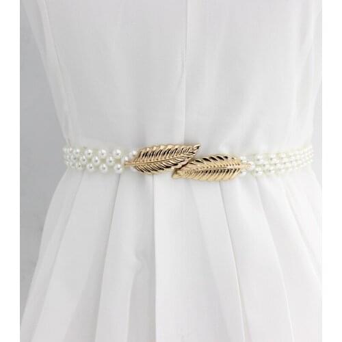 Elegant Women Pearl Belt Waist Belt Elastic Buckle Pearl Chain Belt Female Girls Dress Crystal Strap
