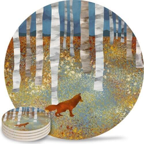 Autumn Fox Ceramic Coasters Waterproof Tea Cup Mat Christmas Home Decor Coffee Table Decor Coasters for Glasses