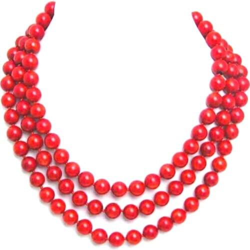Qingmos Fashion 6mm Round Natural Red Coral Necklace for Women with Genuine Red Coral Stone Necklace 3 Strands 17-18-19" Jewelry