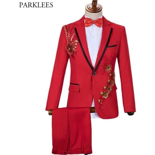 Red Sequin Embroidery Floral Suit with Pants Men Wedding Groom Tuxedo Suits Men Once Button Peak Lapel Costume Homme Mariage 2XL