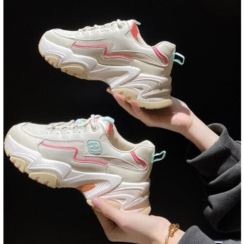 Fashion Mixed Colors Womens Sneakers For Spring Autumn Lace-up Thick Platform Breathable Air Mesh High Heel Solid Running Shoes