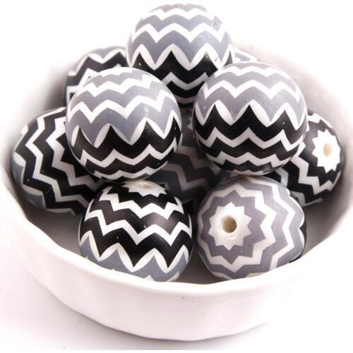 Kwoi vita 100pcs/lot 20mm black with grey color waves Zia Zag ChevronPrint Acrylic Imitation pearl Beads for Chunky Necklace
