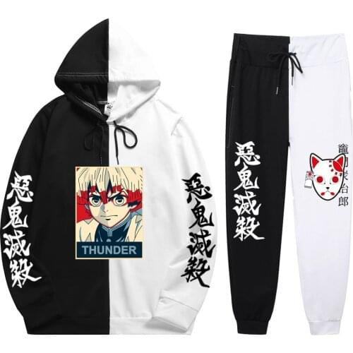 Summer Unisex 2 Pieces Sets Anime Harajuku Demon Slayer Zenitsu Hoodies Pop Print Patchwork Thin Hoodie+Patchwork Pants Sweater
