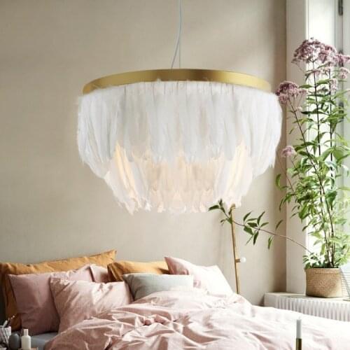 Ins hot Nordic minimalist living room feather romantic E27 light childrens room bedroom pendant lights modern light fixtures