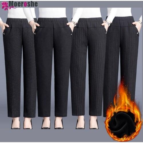 Moeroshe Women Winter Warm pants Velvet Thick Trousers High Waist Elastic Middle aged Mother Stretch Straight Pants Plus Size 5X